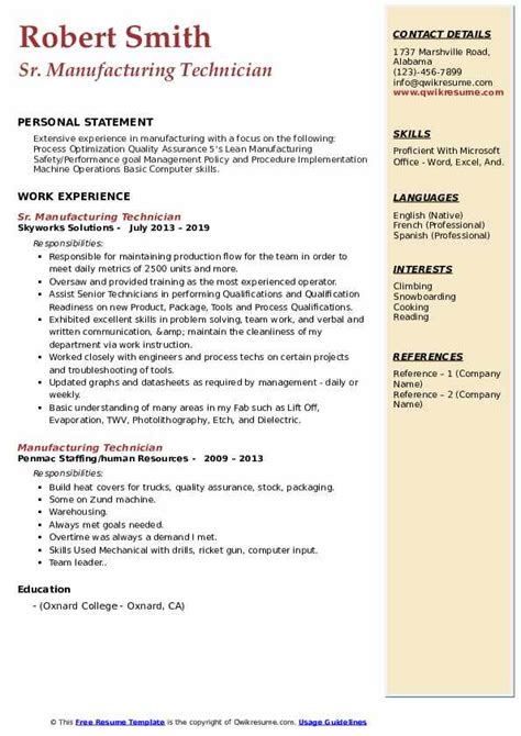 manufacturing technician resume samples qwikresume