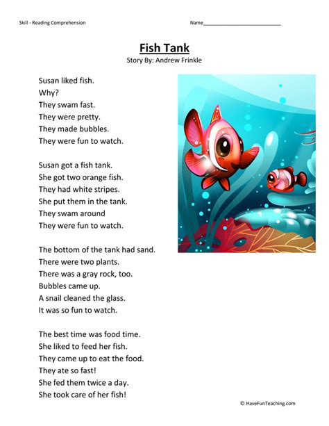 Fish Tank Reading Comprehension Worksheet By Teach Simple