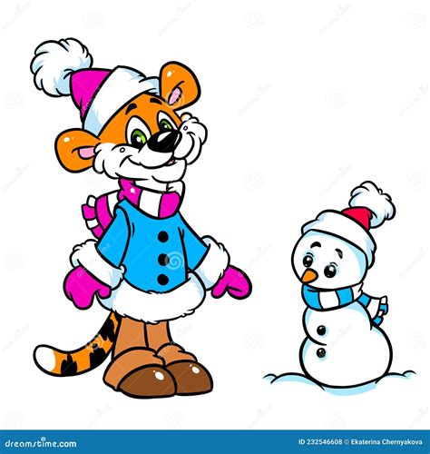 Funny Tiger Character Little Snowman Illustration Cartoon Stock