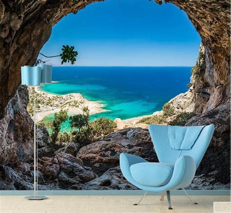 3d Open Cave Blue Ocean View Tropical Wallpaper For Home