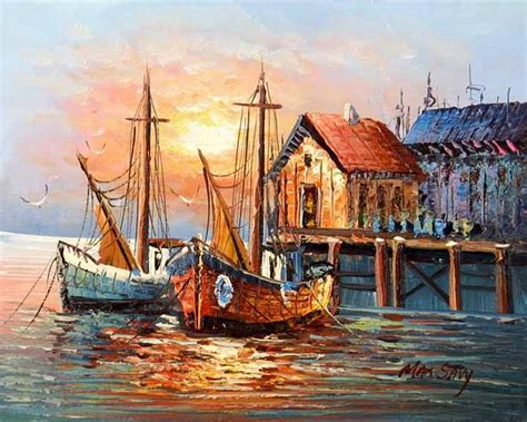 Old Spanish Harbor Boat Painting Seascape Paintings Boat Painting