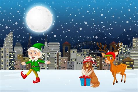 Premium Vector Snowy Winter Night With Christmas Elf And Reindeer