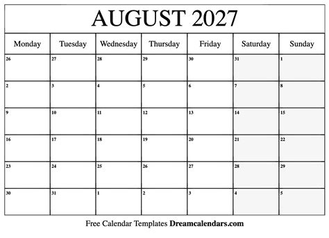 August 2027 Calendar Free Blank Printable With Holidays