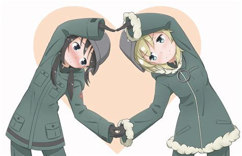 2girls Aqua Eyes Black Hair Blonde Hair Blush Chito Gloves Heart Military Miruzawa Akechi Short
