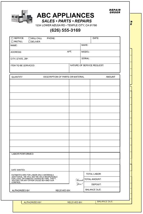 Free Appliance Repair Invoice Template Printable Templates