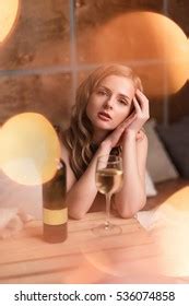 Naked Woman Wrapped Blanket Bottle Glass Stock Photo 536074858