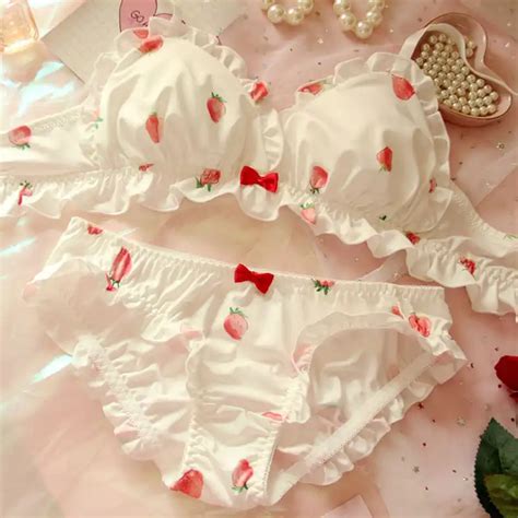 Lolita Womens Cute Strawberry Print Bra And Panties Lingerie Set