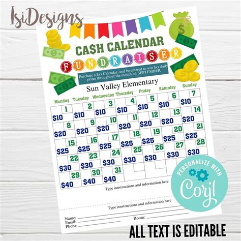 Editable Cash Calendar Fundraiser Flyer Printable Fundraiser Form