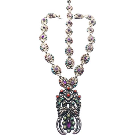 Gorgeous! Rivera 925 Mexico Quetzal Birds Pair Ornate Necklace and Bracelet Set | Ornate ...