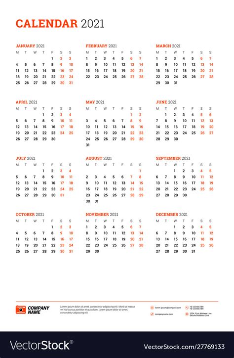 Calendar Poster For 2021 Year Week Starts On Vector Image