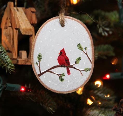 Snowy Cardinal Wood Slice Rustic Wood Decor Wooden Ornament Etsy In