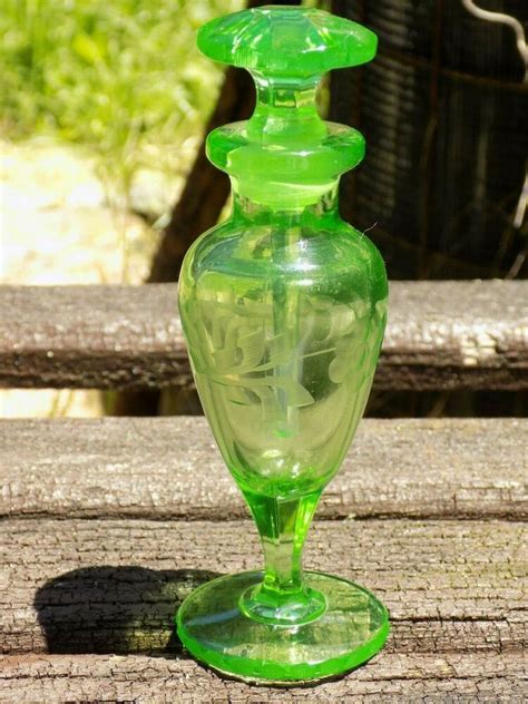 Engraved Design Glowing Green Vaseline Glass Perfume Bottle One Of A