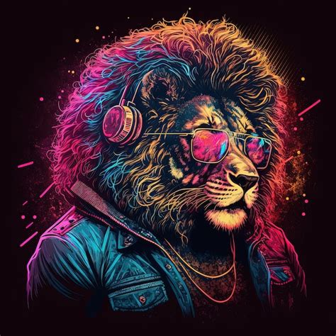 Premium Photo Cool Neon Party Lion In Headphones And Sunglasses