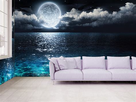 3d Ocean With Moon Landscape Self Adhesive Removable Wallpaper Wall
