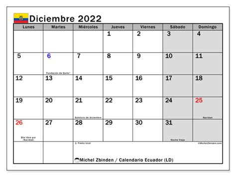 Calendario Diciembre De 2022 Para Imprimir “ecuador Ld” Michel