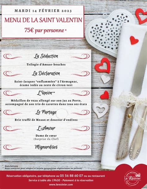 Menu de la Saint Valentin Restaurant Hôtel Le Barp Bordeaux Le Résinier