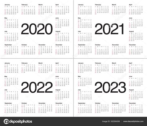 Year 2020 2021 2022 2023 Calendar Vector Design Template ⬇ Stock Photo
