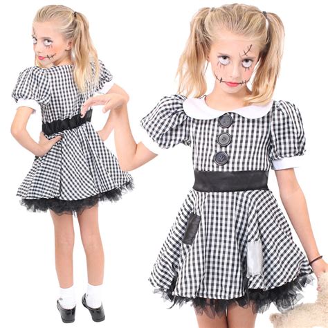 Girls Broken Rag Doll Costume Scary Zombie Childs Halloween Fancy Dress