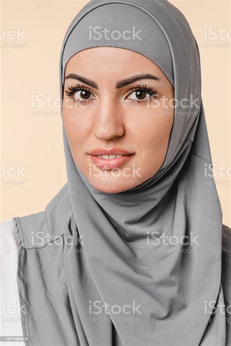 Image Of A Young Beautiful Arabian Muslim Islamic Middle Eastern Woman In Grey Hijab Isolated