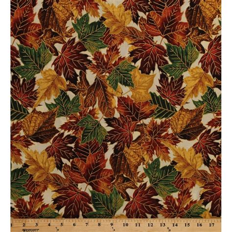 Cotton Leaves Allover Fall Autumn Leaf Brown Green Gold Metallic Leaves