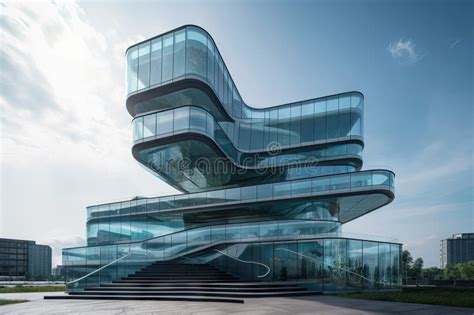 Futuristic Office Building With Glass Walls And Floating Staircase