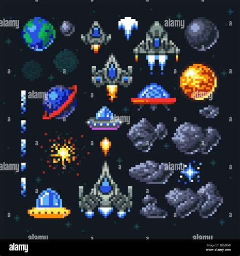 Spaceship Battle Pixel Background Video Game Retro Vector Illustration