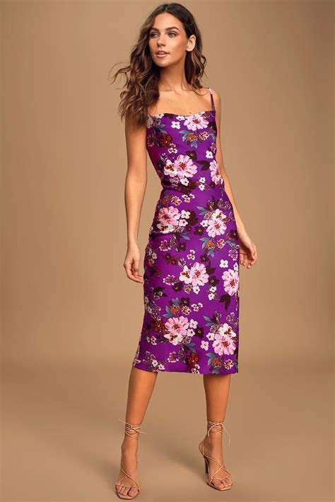 Lulus Blossoming Romance Purple Floral Print Satin Midi Dress Purple Floral Dress Dresses