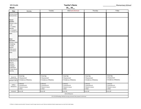 6th Grade Weekly Lesson Plan Template W Florida Standards Drop Down