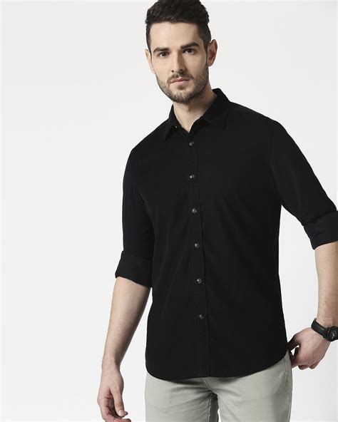 Men's Black Casual Slim Fit Corduroy Shirts