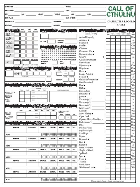 Call Of Cthulhu D20 Character Sheet Leisure Activities Tabletop Games