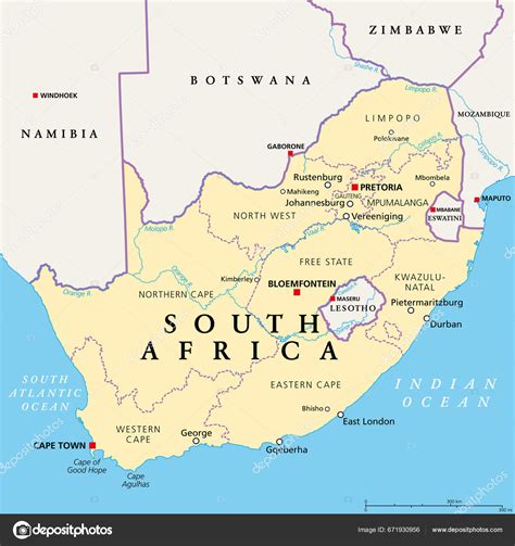 South Africa Political Map Provinces Largest Cities International Administrative Borders Stock