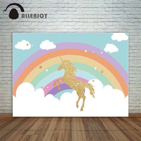 Allenjoy Jumping Golden Unicorn With Rainbow And Cloud Backdrop For