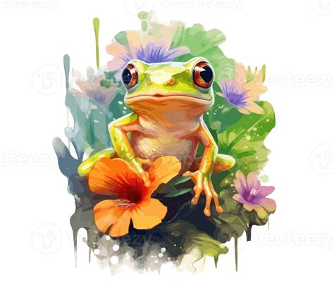 Adorable Baby Frog With Flowers Watercolor Generative Ai 23657938 Png