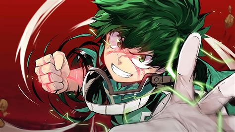 Green Hair Izuku Midoriya Red Background 4k Hd My Hero Academia