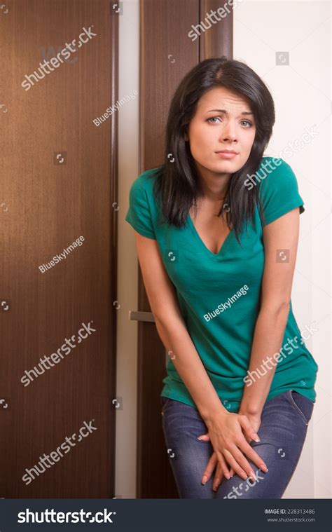 Beautiful Brunette Girl Standing At Toilet Door Pretty Black Haired