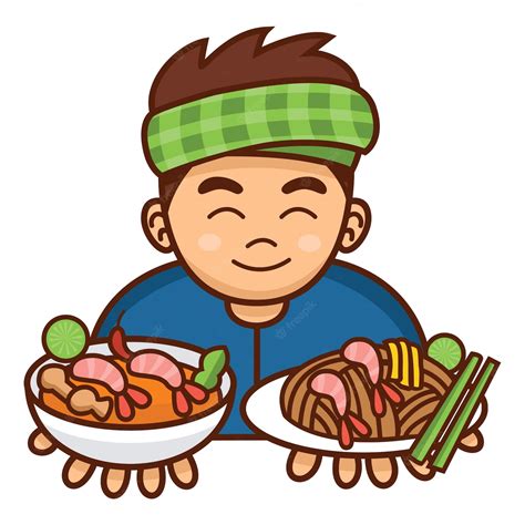 Premium Vector Cute Cartoon Thai Man Serving Pad Thai And Tom Yum