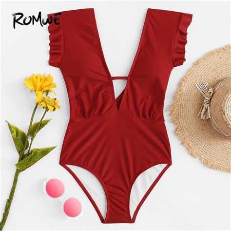 Romwe Sport Red Deep V Plunge Neck Ruffle Shoulder One Piece Swimsuit