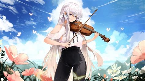 Wallpaper Beautiful Anime Girl Violin Instrument White Hair