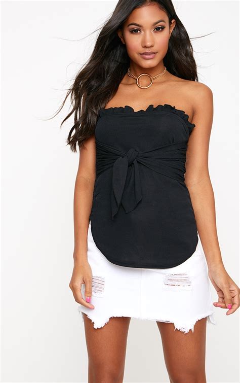 Black Bandeau Frill Tie Front Top Tops Prettylittlething Usa