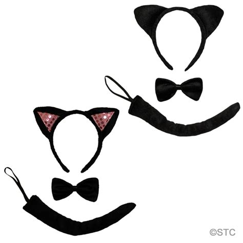 Pink Sequin Black Cat Ears Tail And Bow Tie Costume Set Halloween Cosplay Party Kit