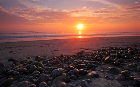 Sunset Over Ocean Water Sand Rock Sky Beache Wallpapers Hd