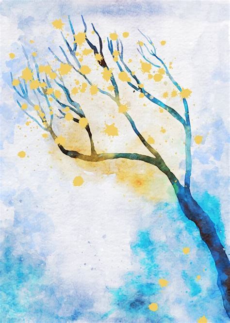 Watercolor Painting Of Tree With Colorful Leaves Image For Postcard Or