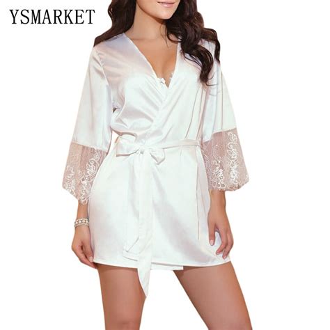 Sexy Eyelash Lace Robes Women Bathrobe Home Sleep Wear Faux Silk Nightwear Long Sleeve Negligees