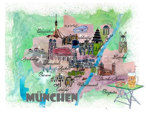 Munich Bavaria Travel Poster Retro Vintage Map Graphicillustration