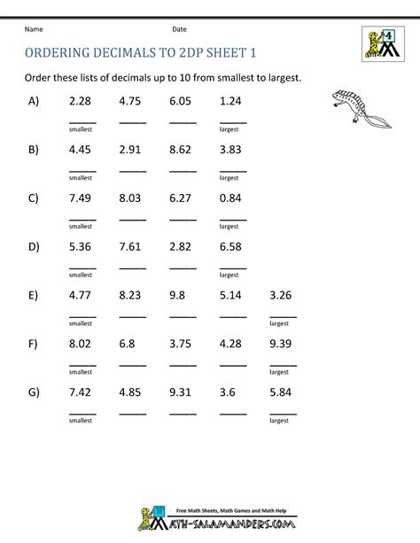 Decimal Numbers Worksheet 4th Grade