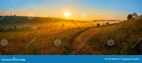 The Foggy Sunrise Over The Fields And Meadows Stock Photo Image Of