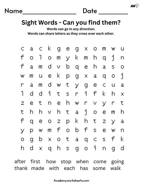 The Best 1st Grade Sight Words Word Search Academy Worksheets