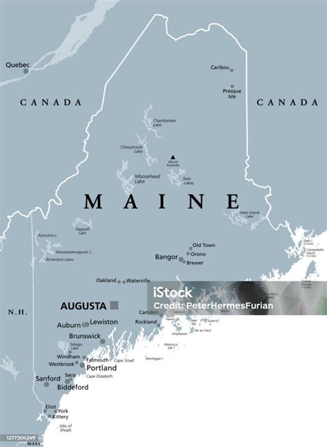 Maine Me Gray Political Map The Pine Tree State Vacationland Stock