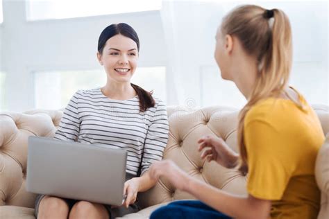 Delighted Nice Women Talking To Each Other Stock Photo Image Of Home