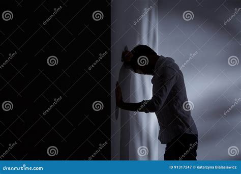 Man Leaning Head Against Wall Stock Image Image Of Depressed